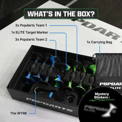 Elite Full Pack Darts Set With Larger And Heavier Build For Maximum Precision And Control, includes blue and green darts.