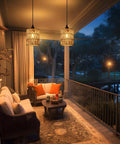 Totally Cordless Boho Rattan Battery Chandelier With A Super Chill Warm White Glow, Handwoven Hanging Pendant Light For Decks Patios Gazebos Or Cozy Indoors, Works Great On 4Aa Batteries Set Of Two illuminating a cozy patio.