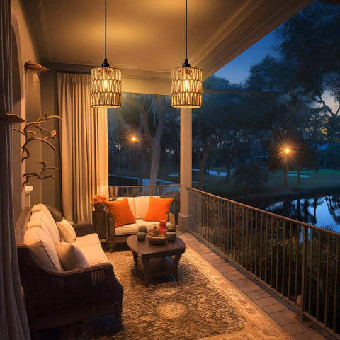 Totally Cordless Boho Rattan Battery Chandelier With A Super Chill Warm White Glow, Handwoven Hanging Pendant Light For Decks Patios Gazebos Or Cozy Indoors, Works Great On 4Aa Batteries Set Of Two illuminating a cozy patio.