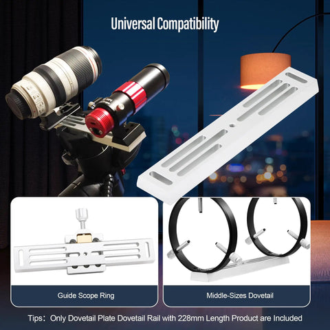 Beefy Deluxe Dovetail Mount Plate for Telescopes, Vixen style rail with telescope attached, 228mm length, universal compatibility.