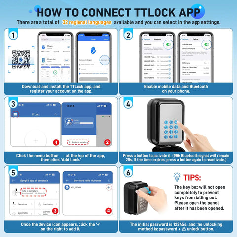 How to connect TTLock app with steps, smartphone interface, and smart key lock box usage instructions.