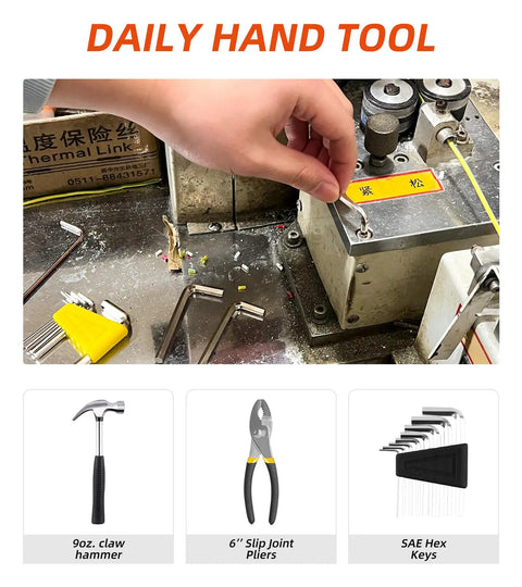 Hand using tool from 40 Piece Home Tool Set With Plastic Toolbox Storage Case And Chrome Vanadium Hand Tools Including Hammer Pliers Tape Measure Screwdrivers And Bits For Quick DIY Projects And Everyday Home Repairs on machinery