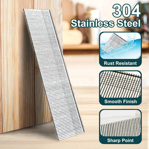 Tough As Nails 304 Stainless Steel Brad Nails 5/8 Inch 18 Gauge Corrosion Resistant Finishing Hardware For Indoor Outdoor Job Sites Smooth Shoot Universal Nail Gun Load 1500 Count close-up showing rust-resistant polished surface.