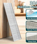 Heavy Duty 18 Gauge Brad Nails Crafted From Top Shelf 304 Stainless Steel For Rust Free Projects Indoors Or Outdoors Assorted Lengths 5/8 To 2 Inch Bulk 3000 Pack displayed in linear arrangement against wood background.