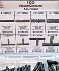 Front view of Disco Automotive 8200 Vacuum Connector Assortment display with assorted black nylon hose barbed connectors