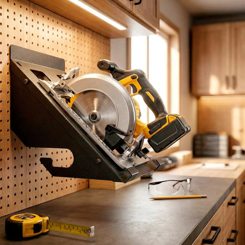 Heavy Duty Circular Saw Wall Mount Holder For Garage And Workshop Grab And Go Ready Universal Fit For Corded And Cordless Saws Space Saving Metal Storage Rack Organizer For Quick Access And Neat Tools, mounted on pegboard wall