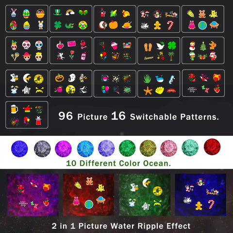 All-In-One Christmas Halloween Projector Lights With 2 Heads 16 Slides Pro 96 Patterns 3D Ocean Wave Ripple Projections