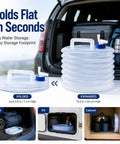 Collapsible Water Container With Spigot For Camping And Road Trips in folded and expanded form by car trunk