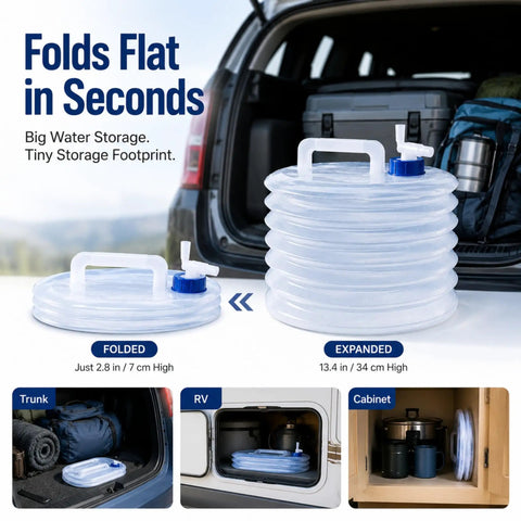 Collapsible Water Container With Spigot For Camping And Road Trips in folded and expanded form by car trunk