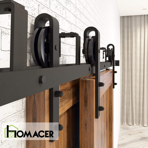 Side view of Black Rustic Double Track U Shape Bypass Sliding Barn Door Hardware Kit For Two Doors 10 Foot Flat Track With Spoke Wheel Rollers