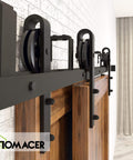 Black Rustic Double Track U Shape Bypass Sliding Barn Door Hardware Kit For Two Doors With 15ft Flat Track and spoke wheels