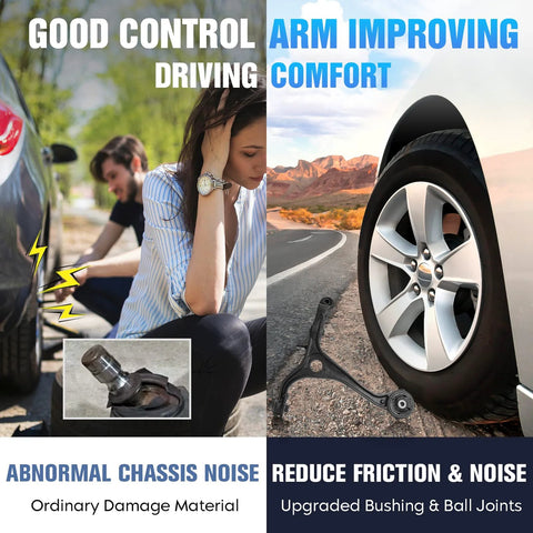 Graphic showing Acura TL front lower control arms with ball joints, featuring improved driving comfort and reduced chassis noise.