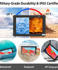 Tough As Nails Rugged Tablet With Integrated Barcode Scanner 10 Inch Android 15 displayed in icy and fiery conditions showing durability features.