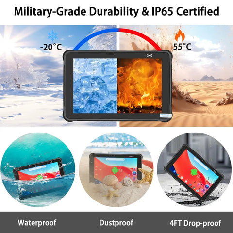 Tough As Nails Rugged Tablet With Integrated Barcode Scanner 10 Inch Android 15 displayed in icy and fiery conditions showing durability features.