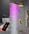 Built Tough 22 Inch LED Shower System With Bluetooth Audio And Digital Thermostat rainfall shower head with purple light.