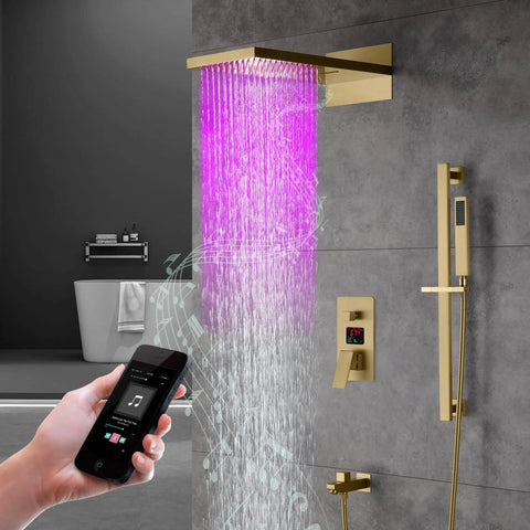 Built Tough 22 Inch LED Shower System With Bluetooth Audio And Digital Thermostat rainfall shower head with purple light.