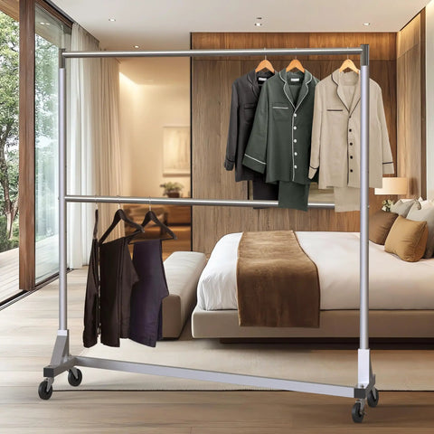 Commercial Grade Double Rod Garment Rack With Z Base, 63 Inch Tall, Holds Up To 600 Lb, Heavy Duty Steel, in bedroom setting.