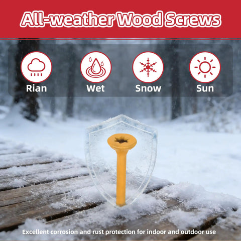 Epoxy Coated Wood Screws For Pressure Treated Lumber showing all-weather durability in snowy conditions