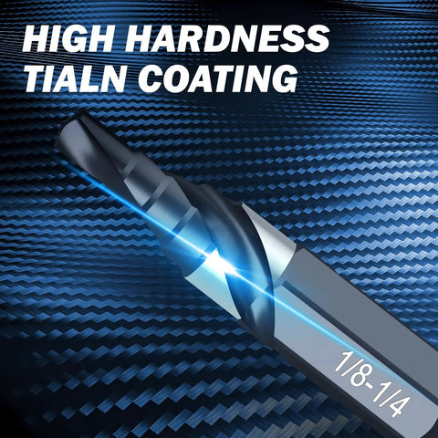 Close-up of Built Tough M35 Cobalt Spiral Flute Step Drill Bit With One Quarter Inch Shank Single Size HSS Step Bit in black coating.