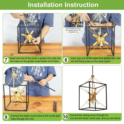 Installation of 9-Light Industrial Lantern Chandelier With Adjustable Height Dope Black And Brass Finish, step-by-step guide