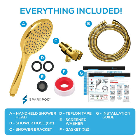 High Pressure Handheld Shower Head With Hose, 6 Inch Rainfall Spray, Extra Long 6 Foot Hose, Egyptian Gold Finish, installation kit