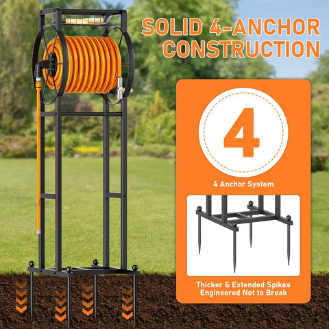 Heavy-Duty Hose Reel Stand With Storage Rack, 125 Feet, Five Eighth Inch Hose Organizer, Includes Four Ground Spikes And Hooks
