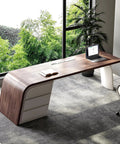 Slick Oversized L Shaped Home Office Desk With Solid Wood Base And Deep Storage Drawers Large Rock Board Top showcasing ergonomic design with modern appeal.