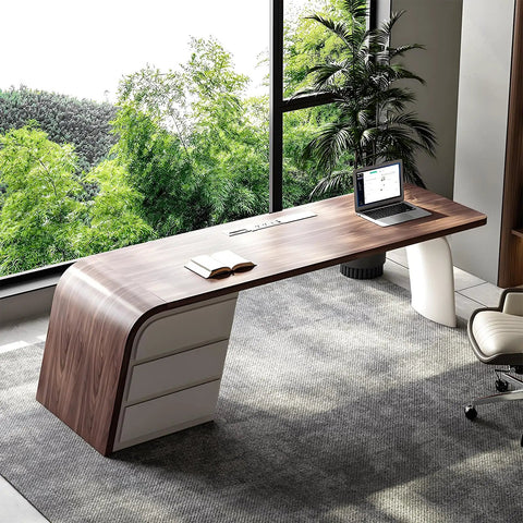 Slick Oversized L Shaped Home Office Desk With Solid Wood Base And Deep Storage Drawers Large Rock Board Top showcasing ergonomic design with modern appeal.