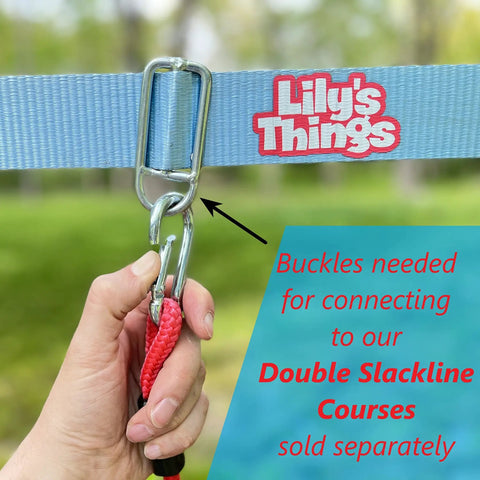 Hand holding carabiner and slackline setup for 2 Pack Monkey Bars For Backyard Playset With Ninja Slackline Attachments For Slackline Obstacle Course And Home Playground Equipment Sets Durable Weatherproof Build For Year Round Outdoor Fun Kid Approved.