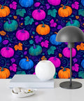 Pumpkin Botanical Instant Peel And Stick Wallpaper Removable Self Adhesive Wallcovering Quick Refresh colorful pumpkin design on dark background