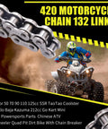 Silver 420 motorcycle chain with 132 links for 50–125cc ATVs and mini bikes; close-up with ATV rider in dirt.