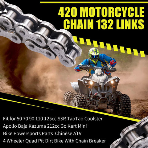 Silver 420 motorcycle chain with 132 links for 50–125cc ATVs and mini bikes; close-up with ATV rider in dirt.