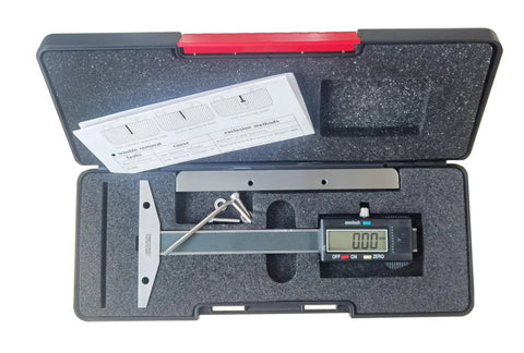 Stainless Steel Depth Gauge Caliper With Detachable Wide Jaw Bridge 0 To 6 Inch Range 150 mm One Thousandth Inch Precision in case