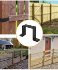 4 Pack Square Tube Strap Clamp Set For 4x4 Posts in black used on various wooden fences, showcasing installation possibilities.