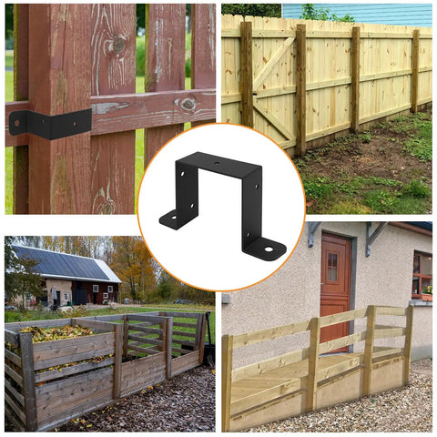 4 Pack Square Tube Strap Clamp Set For 4x4 Posts in black used on various wooden fences, showcasing installation possibilities.