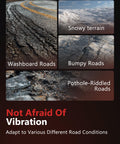 Image showing different road conditions including washboard roads, snowy terrain, bumpy roads, and pothole-riddled roads.