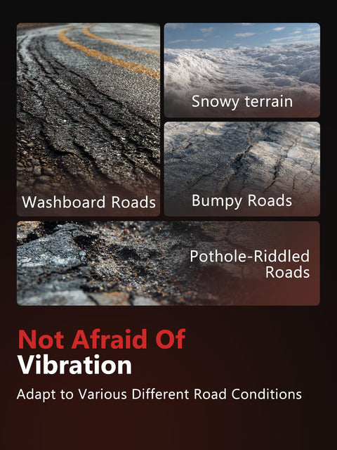 Image showing different road conditions including washboard roads, snowy terrain, bumpy roads, and pothole-riddled roads.