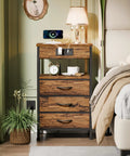 Night Stand With Built In Charging Station And USB Ports, 28.3 Inch Tall Bedside Table With Wood Shelf And 3 Fabric Drawers, 3 Ways To Use, Rustic Brown
