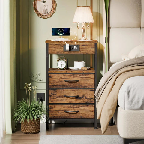 Night Stand With Built In Charging Station And USB Ports, 28.3 Inch Tall Bedside Table With Wood Shelf And 3 Fabric Drawers, 3 Ways To Use, Rustic Brown
