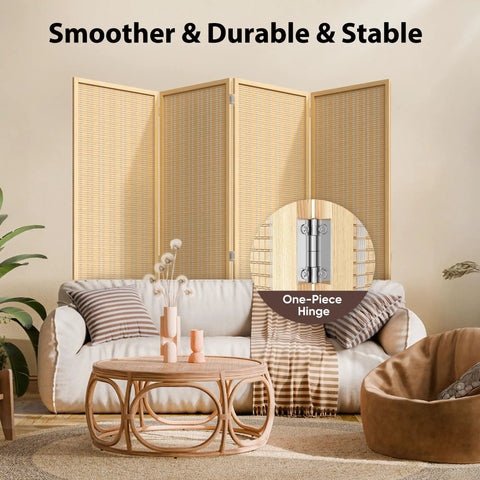 4 Panel Folding Bamboo Room Divider Privacy Screen Freestanding Wall Separator, 6 Feet Tall Beige, in a modern living room setting