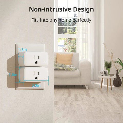 Smart Plug Mini 15A With Energy Monitor, WiFi 2.4GHz and Bluetooth plugged in wall socket, modern living room