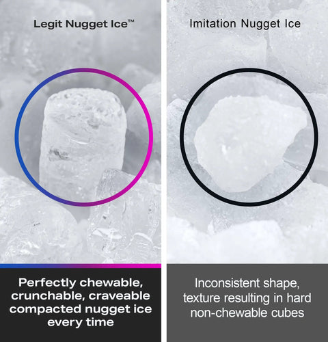 Genuine Game Changing Nugget Ice Maker With Smart Wifi App And Built In Scale Fighting Filter Makes Hella Crisp Chewable Pellet Ice Fast - comparison of legit versus imitation nugget ice.