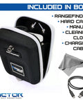 Disc Golf Range Finder DG Mode With Rechargeable Battery Measures In Feet For Fast Accurate Yardage One Mode Design Built Tough For Disc Golfers Waterproof And Warranty Included in case with accessories.