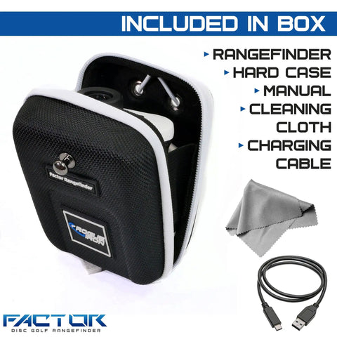 Disc Golf Range Finder DG Mode With Rechargeable Battery Measures In Feet For Fast Accurate Yardage One Mode Design Built Tough For Disc Golfers Waterproof And Warranty Included in case with accessories.