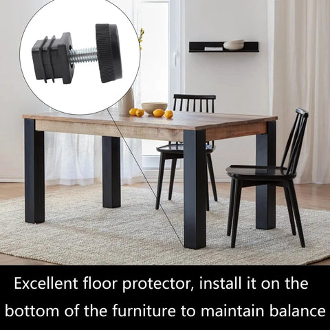 8Pcs Adjustable Leveling Feet Square Insert Kit For Cabinets Sofas Tables And Chairs Black 20x20mm Inserts shown with dining table