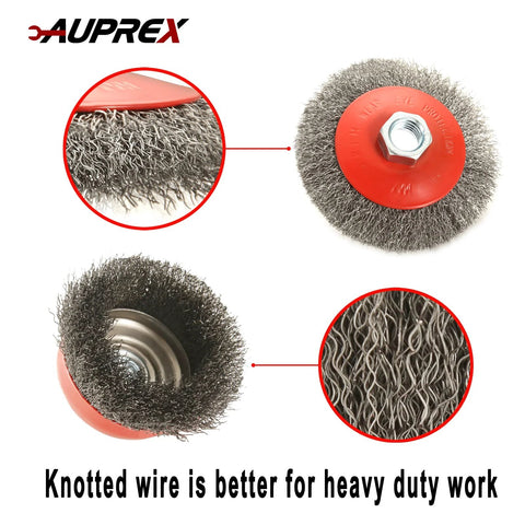 AUPREX 4-pack wire wheel and cup brush set; knotted carbon-steel wire with red backing plate for 4-1/2 in grinders