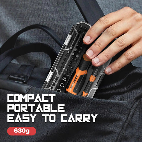 Person placing a Ratcheting Screwdriver Set With Magnetic Case, 56 Piece Multi Bit Tool Kit into a bag; compact and portable design