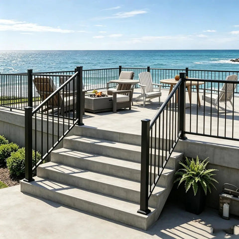 Heavy Duty Black Deck Railing Kit With Reinforced Aluminum Posts And Code Compliant Handrails on outdoor stairs leading to patio.