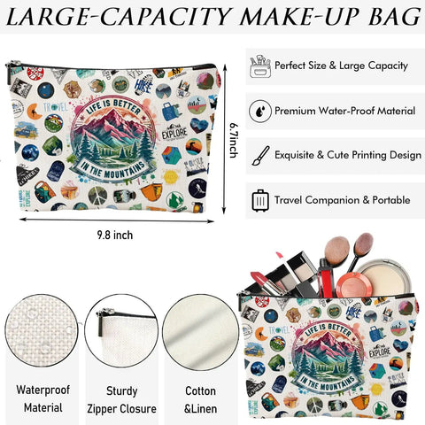 Hiking Makeup Bag For Women Must Have Lightweight Portable Organizer with mountain design, size 9.8x6.7 inches