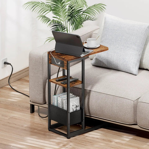 C Shaped End Table With Charging Station For Sofa And Living Room, 3 Layer Side Table With Storage Bag, USB Port And AC Outlet image